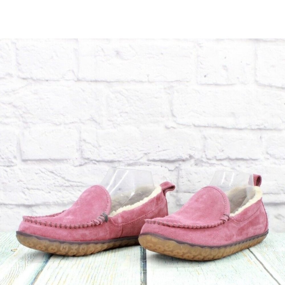 LL Bean Pink Suede Fleece Lined Mountain Moccasin Slippers Size 7 Medium - Picture 2 of 9